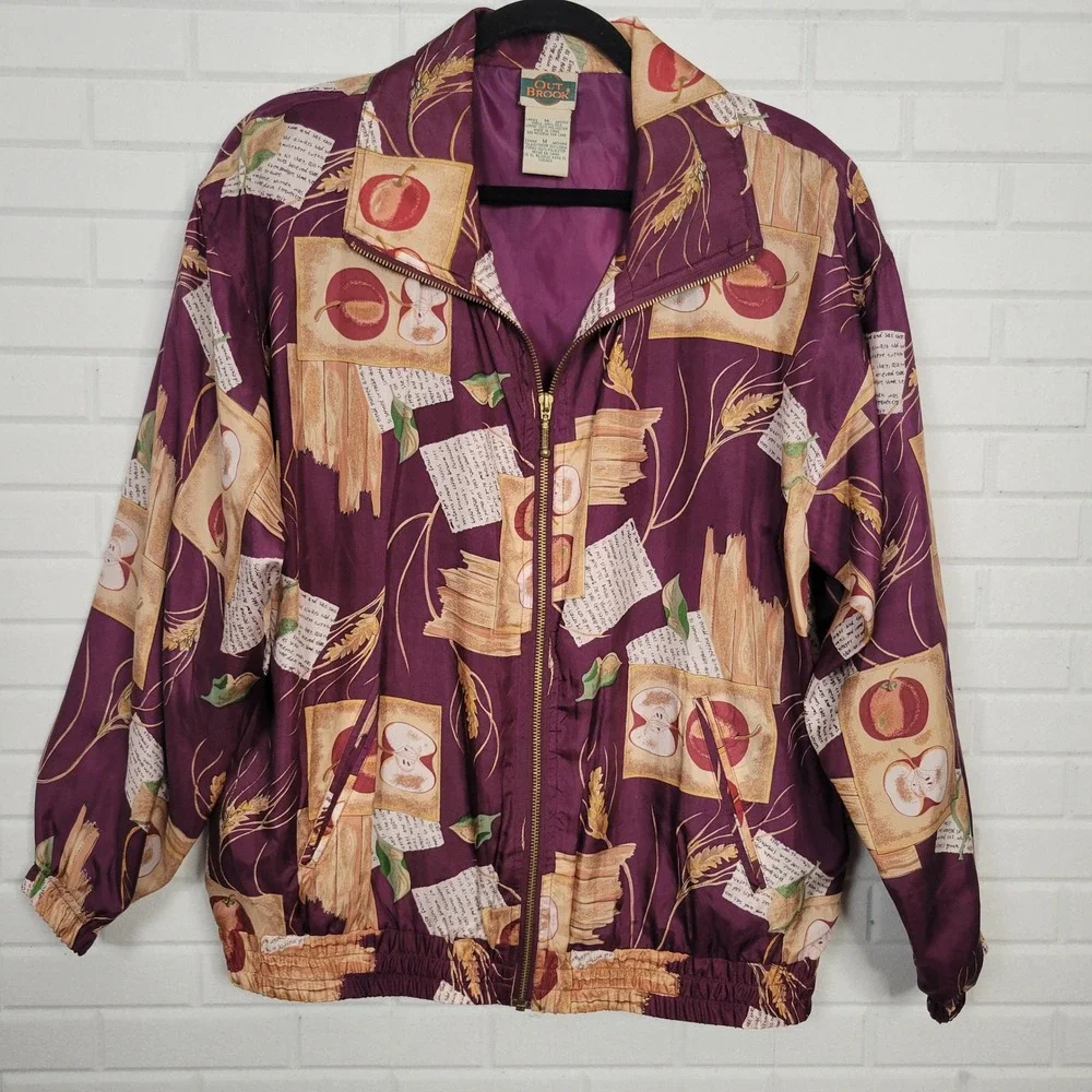 Vintage 1990s Silk Bomber Jacket Autumn‎ Apples Novelty Print Windbreaker Sz M